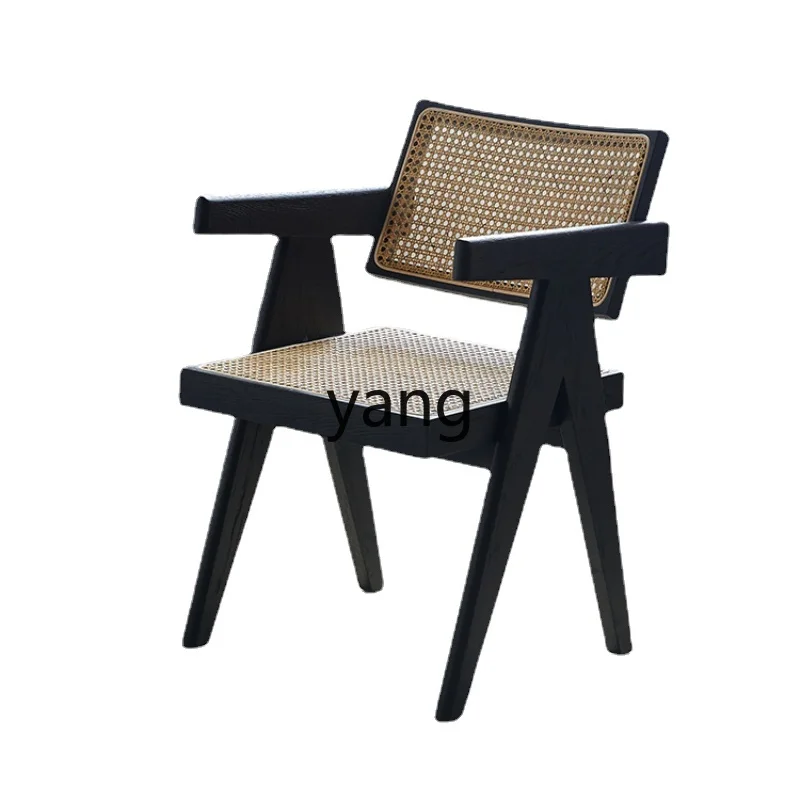 

L'm'm Solid Wood Dining Chair Vintage Rattan Armrest Leisure Chair Nordic Internet Celebrity Home Coffee Chair