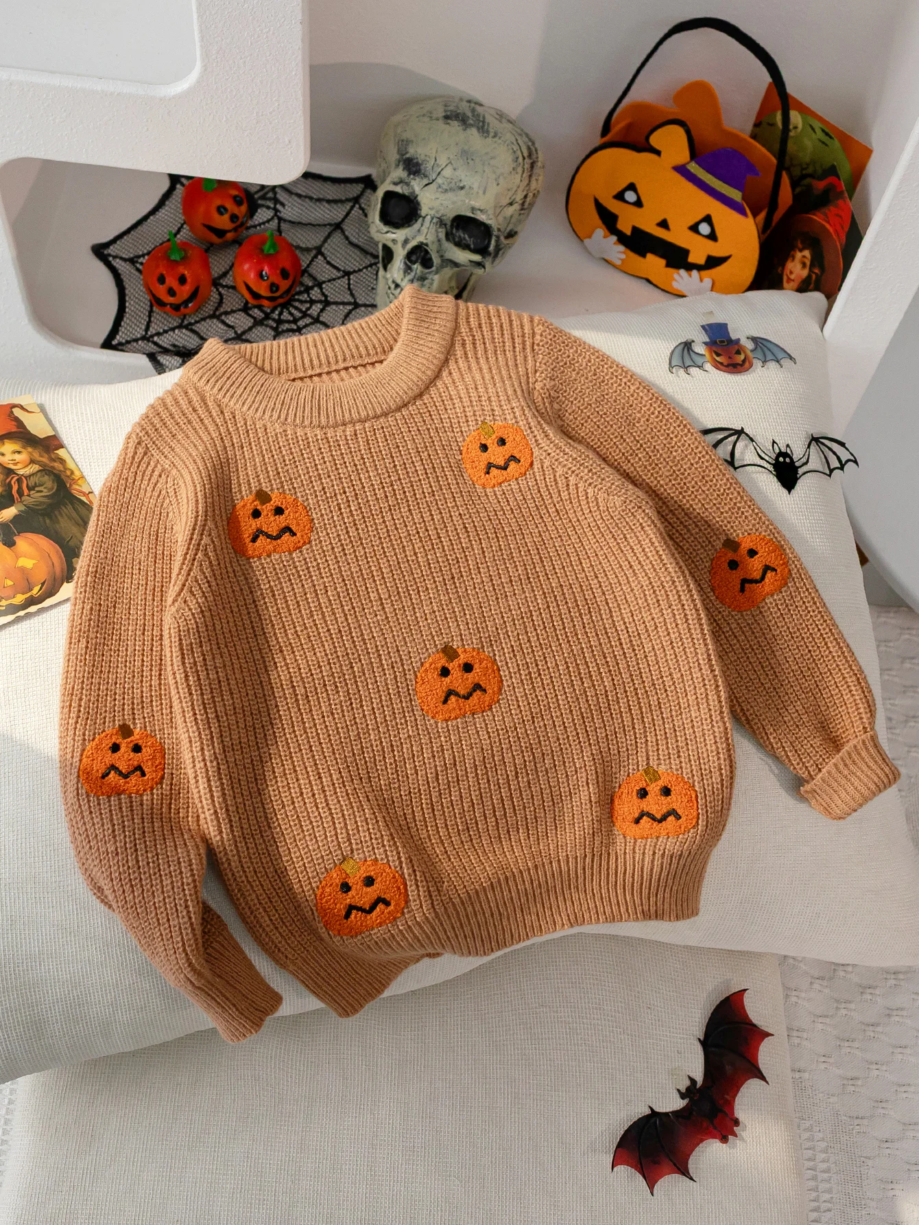 Boys, Girls, and Children Halloween Pumpkin Embroidered Round Neck Long-Sleeved Knitted Sweater Casual Pullover Sweater
