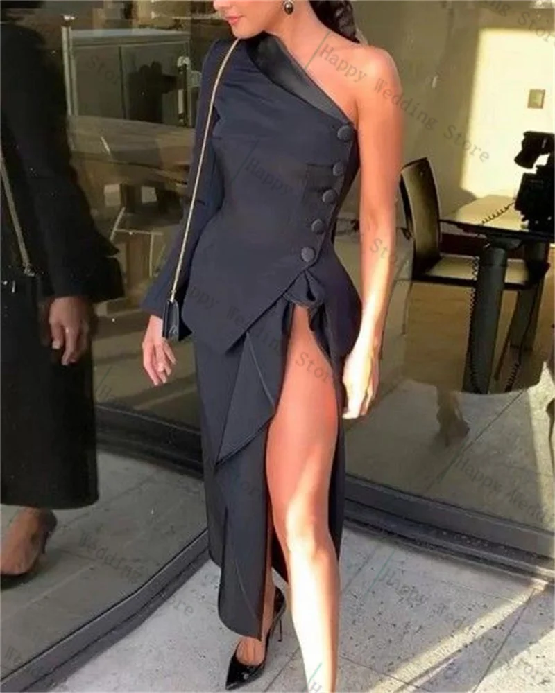 

Sexy Black Women Suit Set 2 Piece Blazer+Split Prom Dress Sexy One Shoulder Formal Office Lady Customized Wedding Coat Jacket