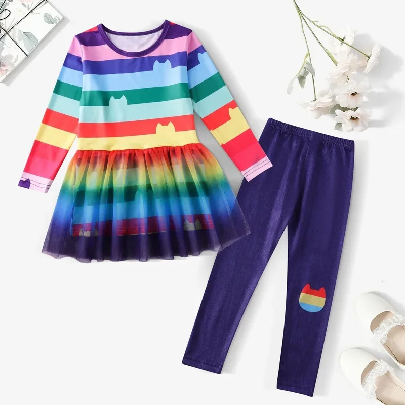 Gabby Dollhouse Girls Rainbow Princess Dress and Pants Clothes Sets Children Gabby Cats Cosplay Costume Kids Birthday Clothing