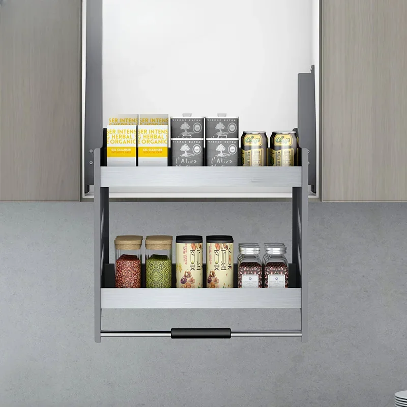 Hanging cabinet lift basket Kitchen cabinet drop-down lift seasoning basket Damping stainless steel wall cabinet rack