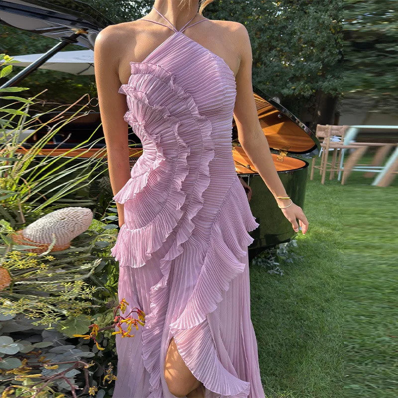 

Fashion Pleated Elegant Neck Strap Ruffles Dress for Women Lace Up Backless Sexy Party Evening Gown Dresses Female Y2k Robe