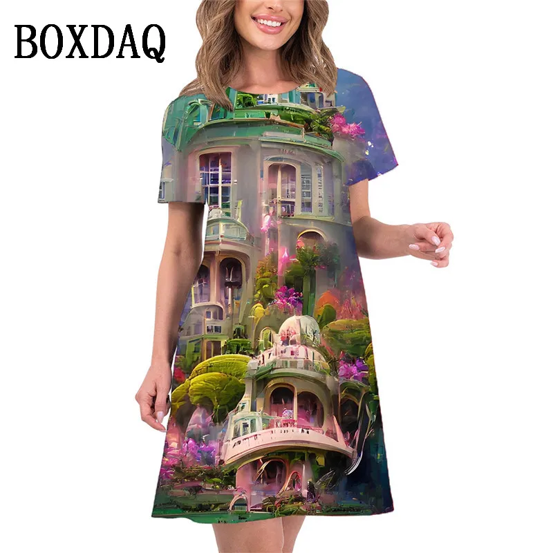 2024 Women Dress Spring Summer New Abstract Landscape Oil Painting Patterns Casual Dress Women's Loose Short Sleeve Print Dress