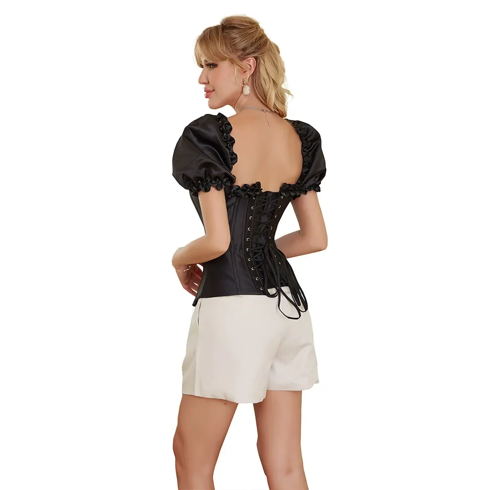 Women Overbust Corset Top Ruffle Puff Short Sleeve Bustier Lace up Corsetto Gothic Sexy Waist Cincher Korset Black