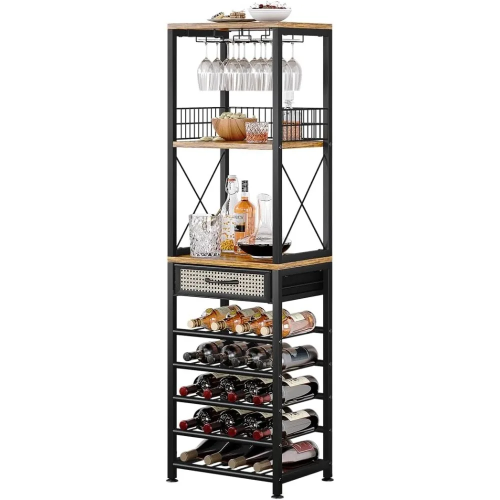 

Wine Rack Freestanding Floor Bar Cabinet for Liquor and Glasses 4-Tier and Storage Drawer for Living Room, Home