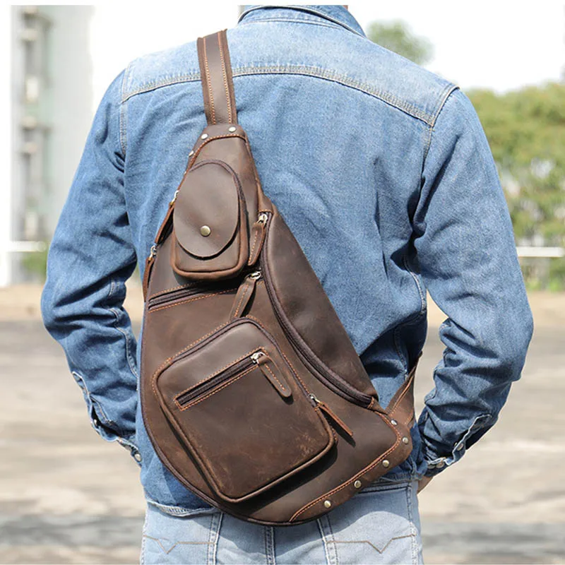 

Men Crazy Horse Genuine Leather Chest Pack Vintage Fanny ba'g Flap iPad Pouch Functional Travel Chest Bag Mini Man Crossbody Bag