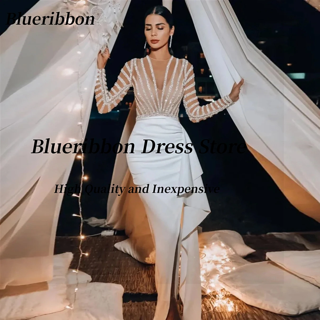 Blueribbon Vestidos Prom Dresses Handmade Chain Drill Celebrity Women Special Occasion Side Slit Cocktail Party Evening Gowns