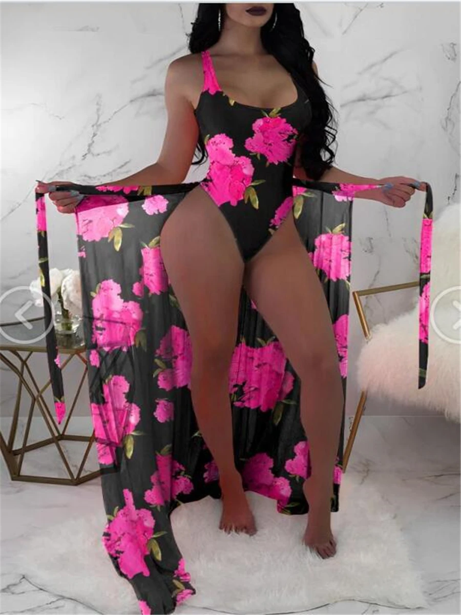 

2 Piece Floral Print Bodysuit With Beach Skirt 2023 Women Padded Bikinis Swimwear Female Bathing Swimming Suit Summer Beachwear
