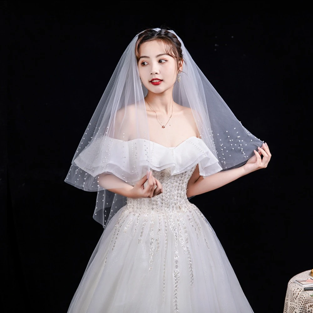 Свадебная фата из мягкого тюля с бисером, простая красивая фата с принтом из бисера, короткая свадебная фата на плечо, аксессуары для невесты