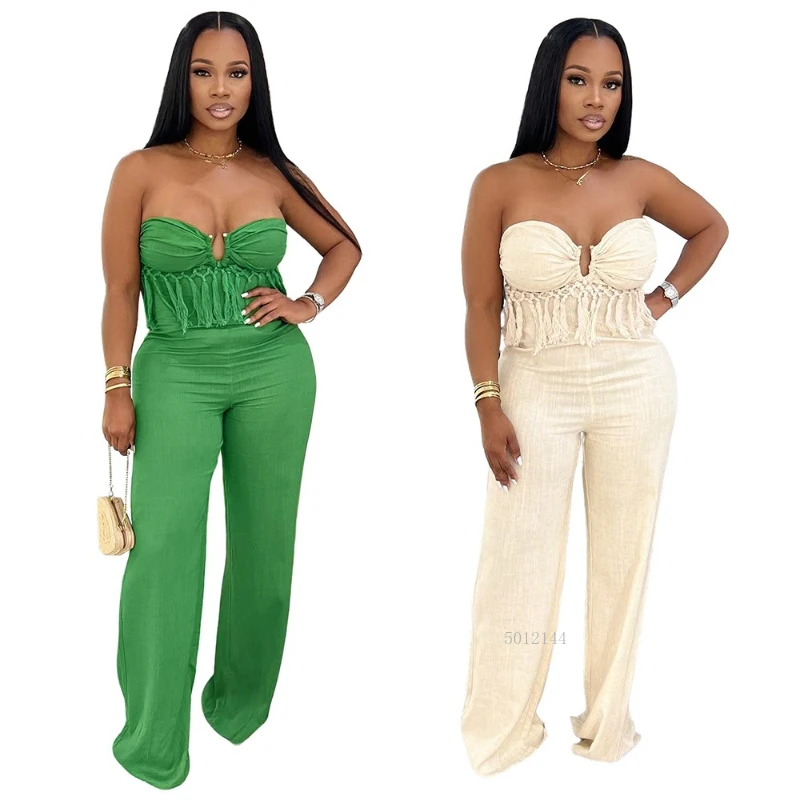 

Women Strapless Tassel Sleeveless Wide LegJumpsuits 2025 Summer Vacation Beach Romper Playsuit One Piece Set Outfits