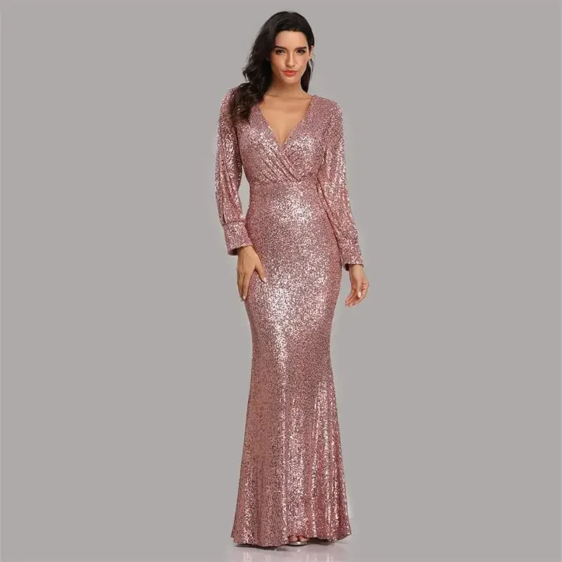 Vestido Dress Women Evening Outfits Elegant Large Sleeves V-Neck Sequin Fish Tail Solid Color Slim One Piece Set Long Frock