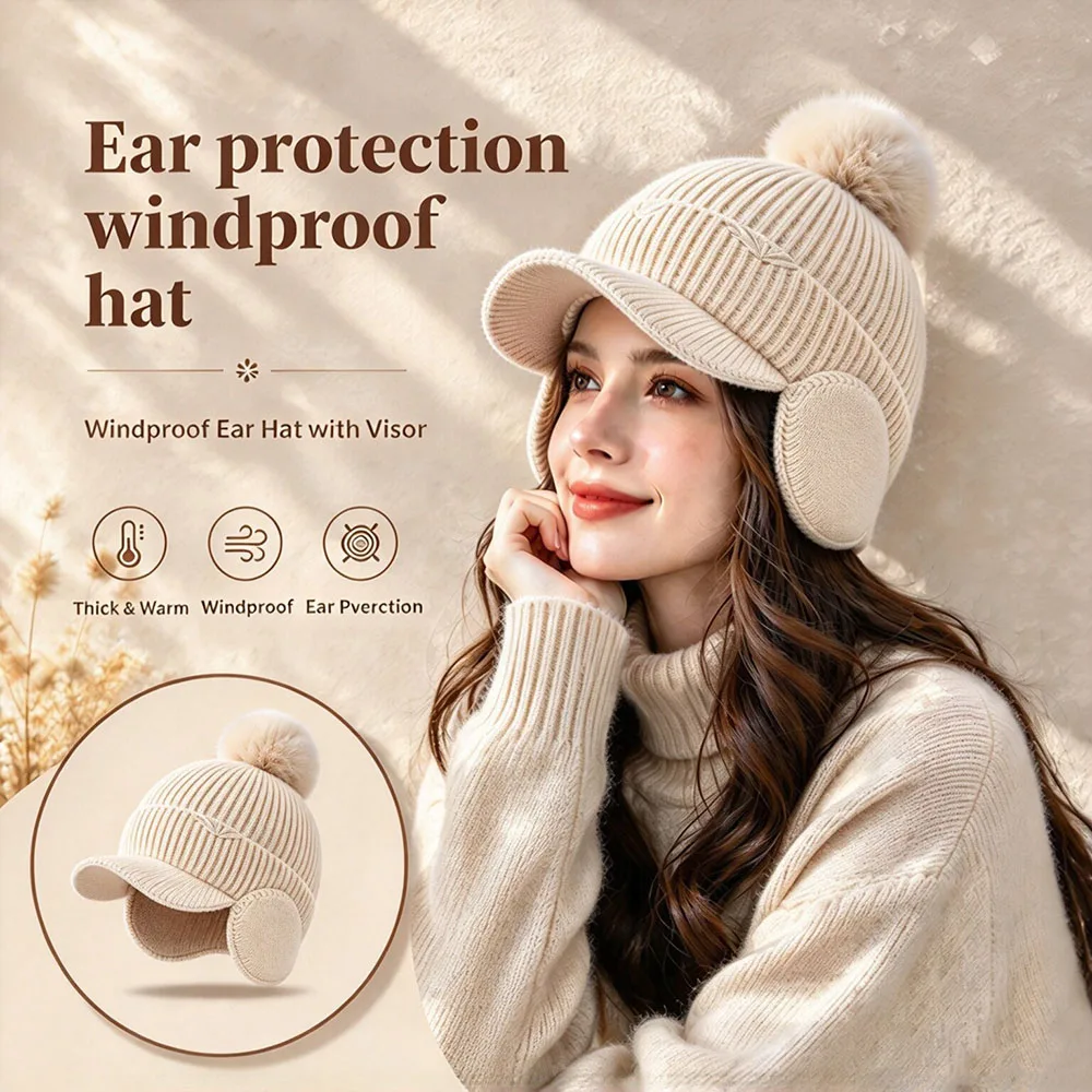 Autumn and Winter Knitted Neck Hoodie with Thick Velvet for Warmth and Windproof Knitted Ear Protection Cycling Wool Hat