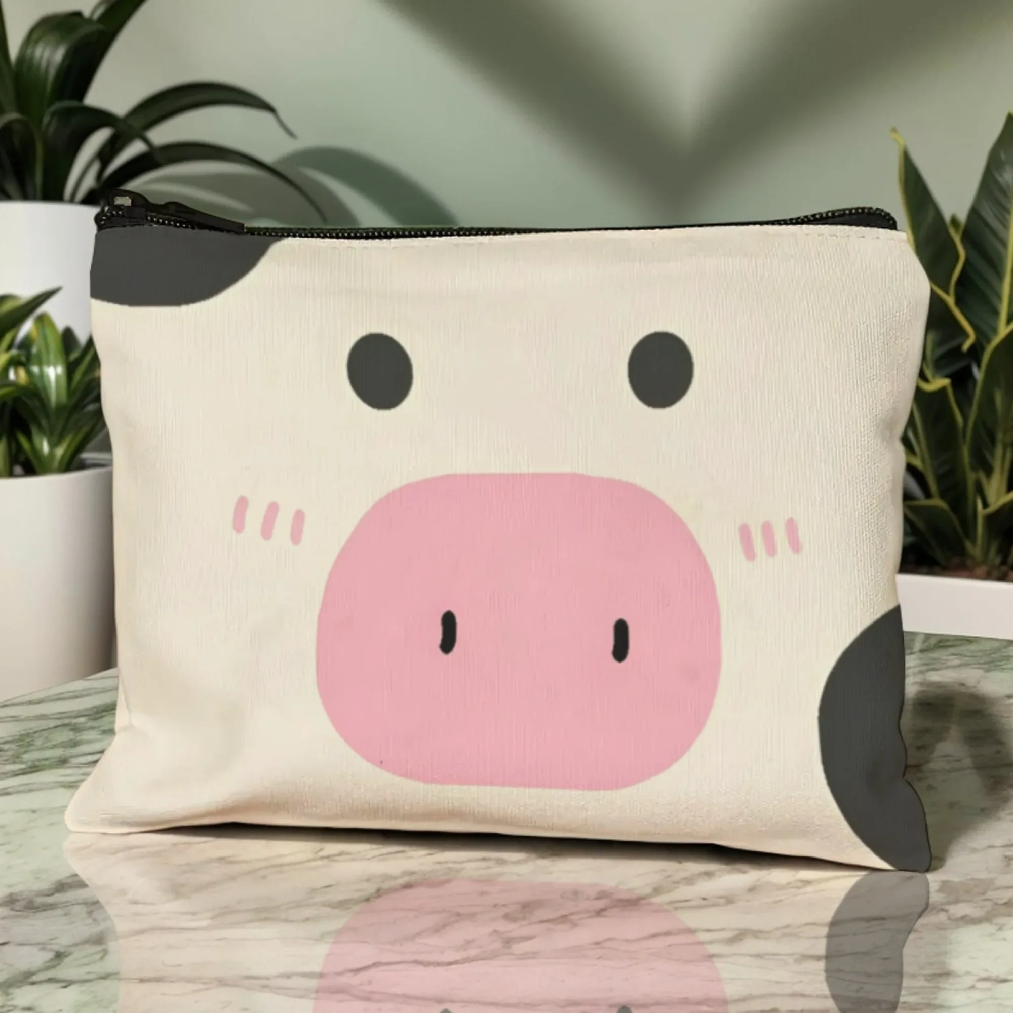 Cute Sweet Canvas Makeup Bag with Cartoon Cow Design, Zipper Closure, Playful Cosmetic Pouch for Girls Travel & Home Gift