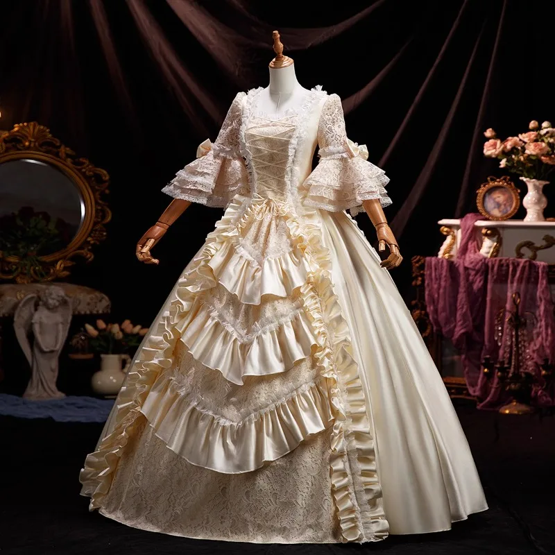 Customized Champagne Women Medieval Court Evening Dresses Lace Shiny Renaissance Masquerade Costume Theater Prom Party Gowns