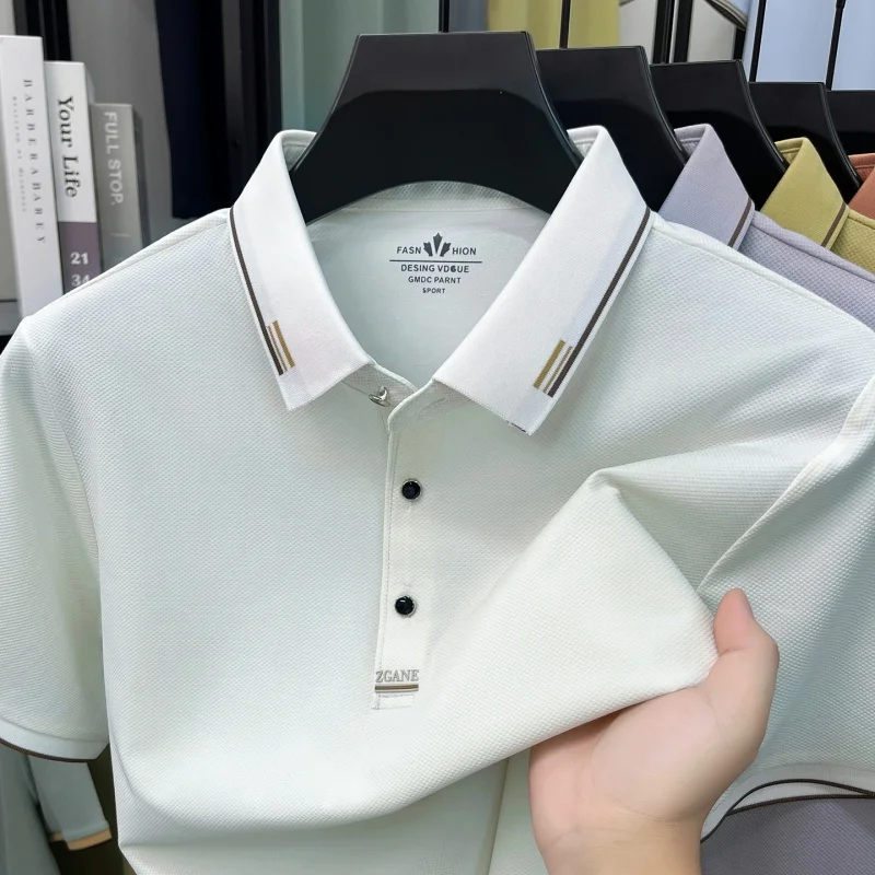 2026 Summer T-Shirt Men Elegant Style Short Sleeve Solid Color Contrast Color Collar Trim Business Casual T Shirt for Man
