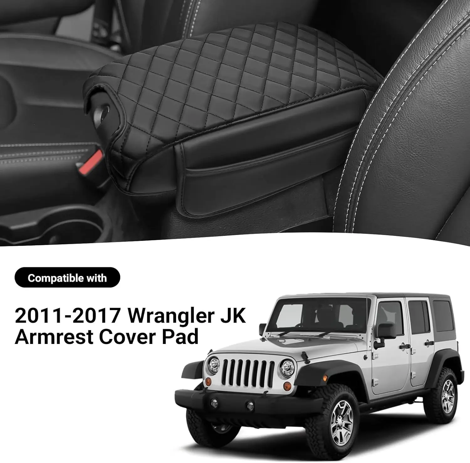 غطاء مسند ذراع وحدة التحكم المركزية متوافق مع ملحقات جيب رانجلر JK لعام 2011-2017 غطاء مسند الذراع من الجلد الأسود مع