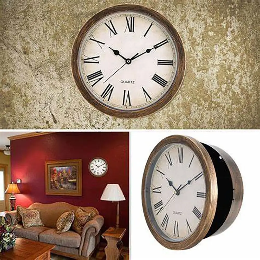 Wall Mountable Wall Clock Safe Box Lockable Container Compact Size Clock Hidden Storage Container Silver Brown