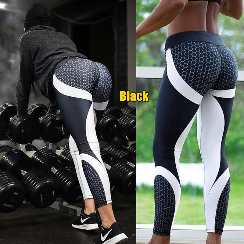 Fashion Women\'s High Waist Honeycomb Print Sport Fitness Leggings Yoga Running Pants Stretchy Trousers Female Skinny P