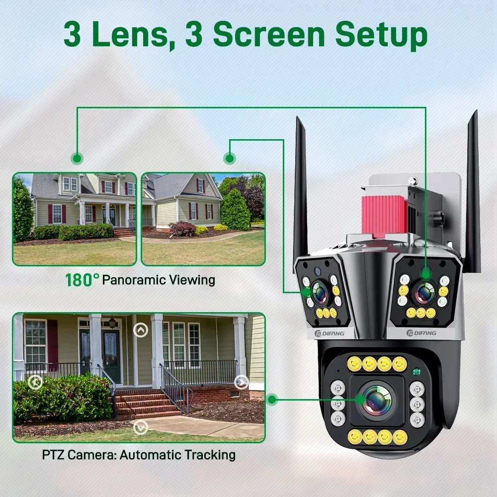 12MP 5K IP Camera WIFI Outdoor Night Vision Three Lens Three Screen PTZ Camera 2K Motion Detection Video Surveillance IPC360Home