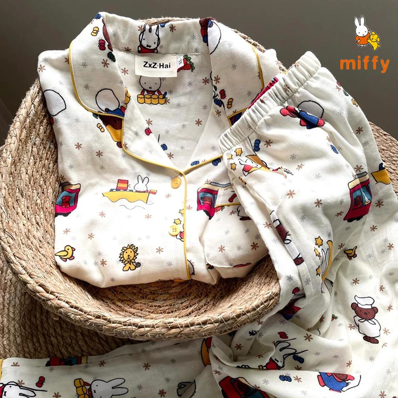 

Kawaii Miffy Loungewear Dopamine Comfort Soft Cartoon Pajamas Girlish Heart Charming Home Suit Set Anime Accessories Girls Gift