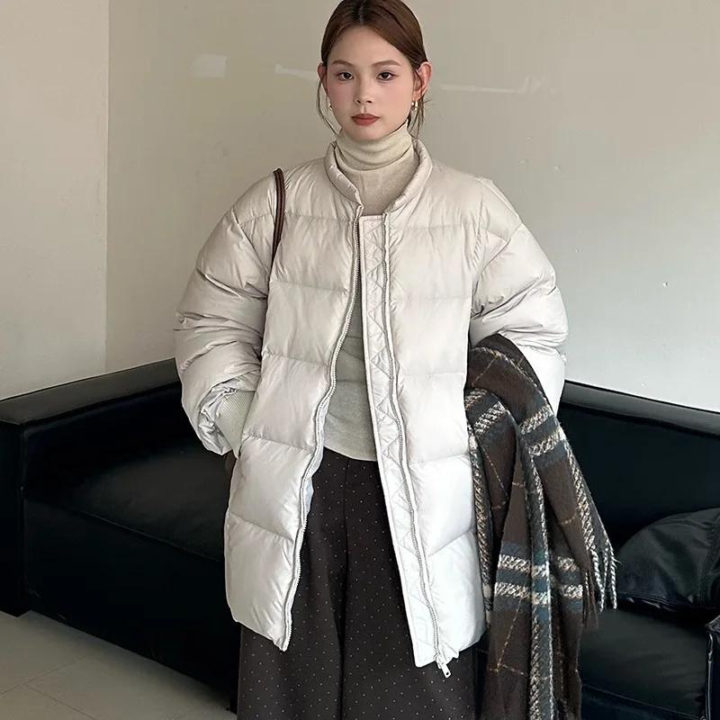 

Winter Solid O Neck Mid Length Warm Down Jacket Female Thicken Drawstring Jackets Women White Duck Down Zipper Parker Outwears