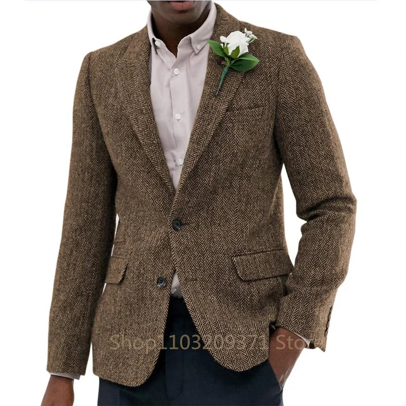 Men\'s Suit  Jacket Herringbone Tweed Wool Jacket Winter Warm Short Jacket Retro Slim Fit Men Blazer Coat (Only Coat)