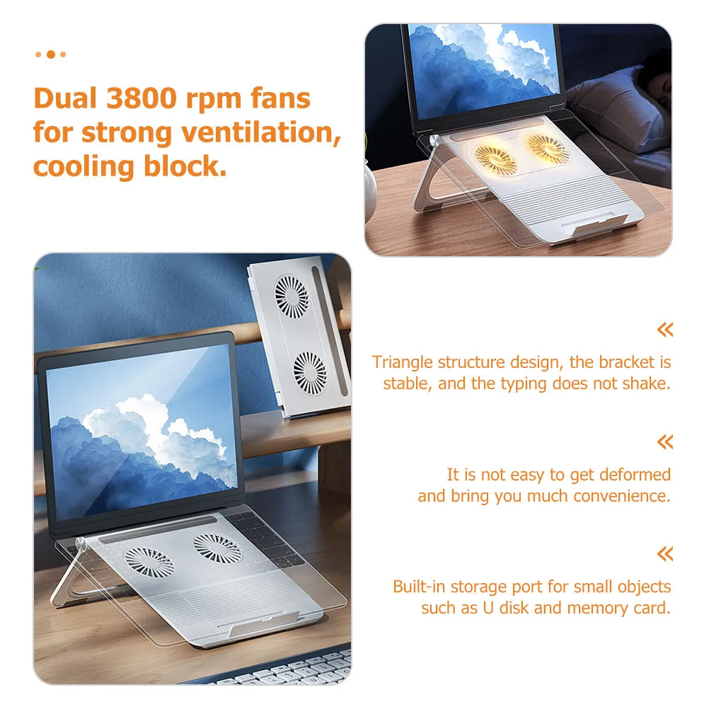 Laptop Computer Stand Dual 3800 Fans Enhanced Cooling Triangle Base Non-Slip Silicone Contact Surfaces Multipurpose Notebook