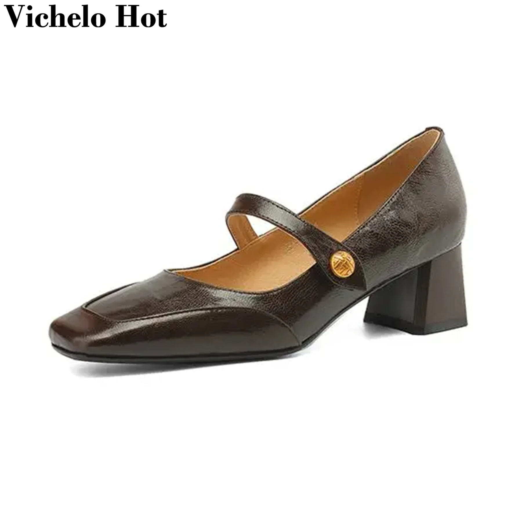 

Vichelo Hot Sheep Leather Mary Janes Shallow Square Toe Chunky Med Heels Vintage Office Lady Fashion Elegant Modern Women Pumps