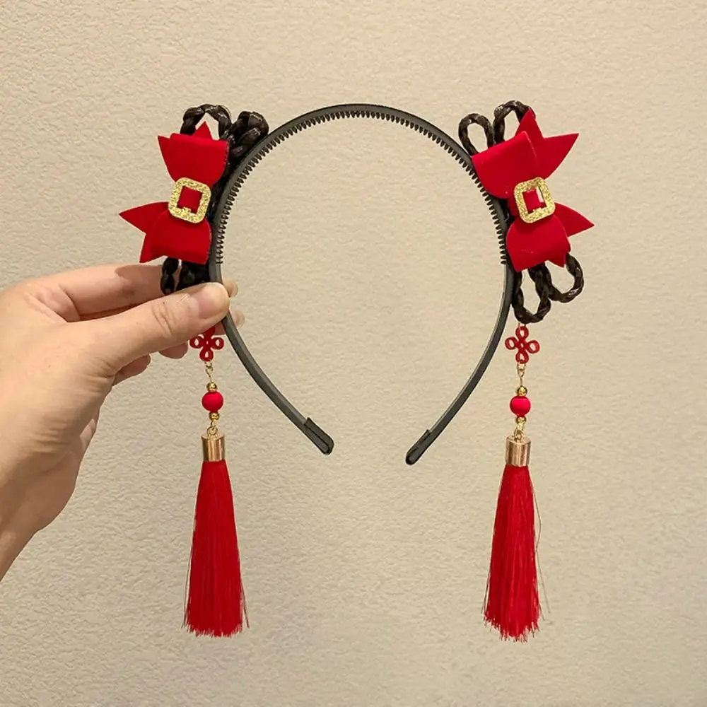 

Flower Children Wig Headband Braid Hair Tassel Hanfu Hair Sticks Baby Headwear Tang Suit Hair Hoop Red Bow Hairband Children