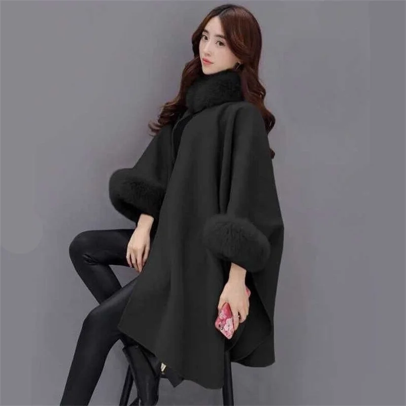 Winter Woolen Collar Poncho Jacket for Women Elegant Batwing Fluffy Sleeve Cloak Shawl Coat Fashion Long Cape Outwear Overcoat