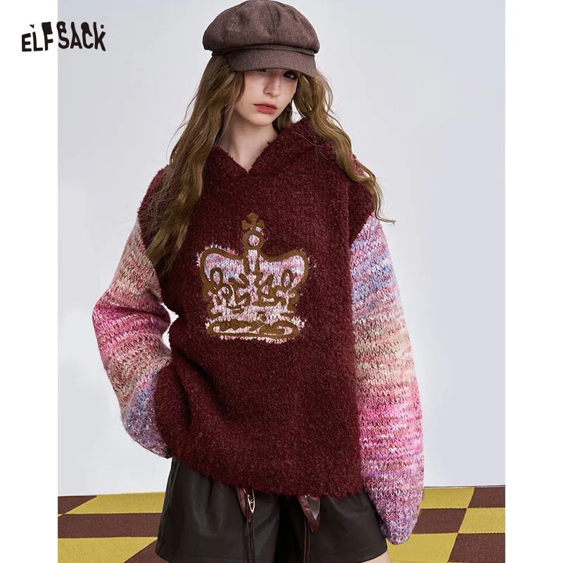 

ELFSACK 2025, зимние новые поступления, повседневный свитер с рукавами и цветными блоками с короной для женщин