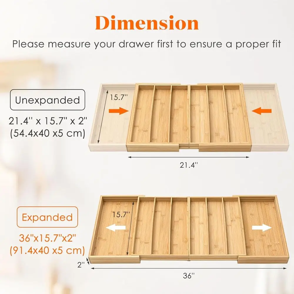 Расширяемый бамбуковый органайзер для кухонного ящика для посуды, ширина 21,4-36 дюймов, регулируемый поднос для столового серебра для хранения столовых приборов