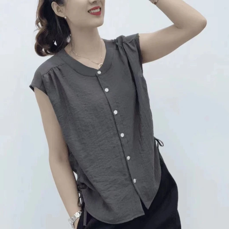 Camicia casual con lacci tinta unita con o-collo alla moda 2025 Estate nuove top coreani camicetta da pendolarismo ampia