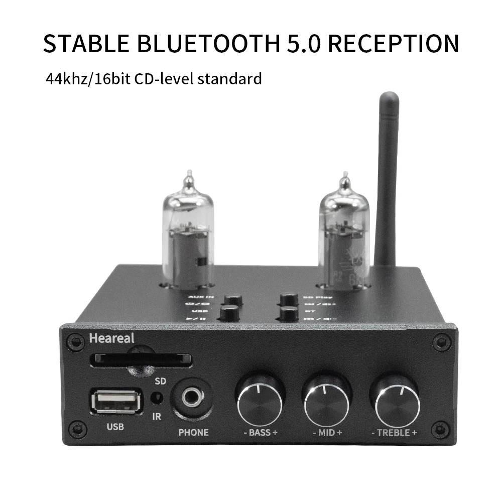 Amplificateur Audio HiFi Bluetooth 5.0 6J5/6K4, préampli pour écouteurs, avec réglage des basses, entrée USB SD