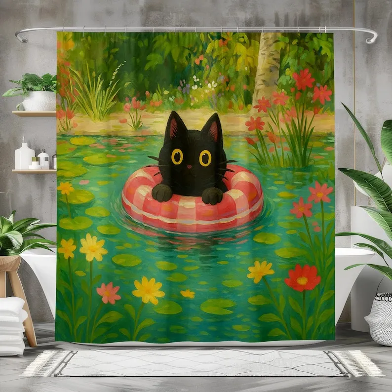 Black Cat in Float Ring Shower Curtain – Whimsical Pool Art Scene, Colorful Bathroom Decor, Fantasy Cat Illustration