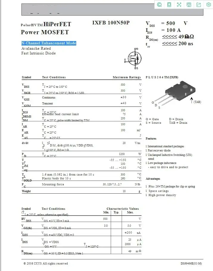 5pcs/lot IXFB100N50P IXFB100N50 100N50 PolarHV HiPerFET Power MOSFET 500V/100A N-Channel Enhancement Mode 100% New original