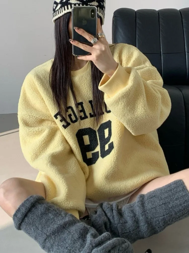 

Толстовка Fce с принтом в стиле ретро, американский цвет, женская свободная повседневная теплая верхняя часть из меха ягненка, весна-осень-зима