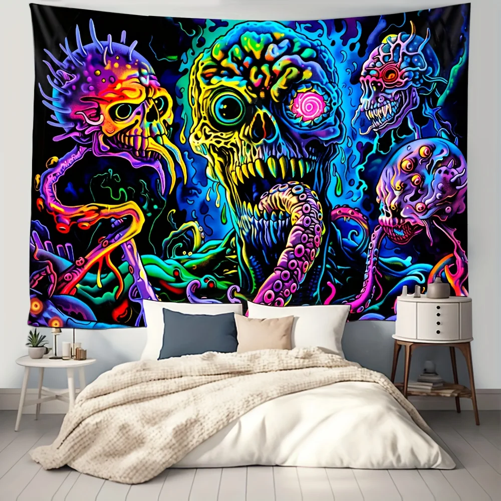 VIKAMA Halloween Gothic Wall Tapestry Colorful Psychedelic Cthulhu Octopus Skeleton Rainbow Tentacle Grotesque Horror Cloth