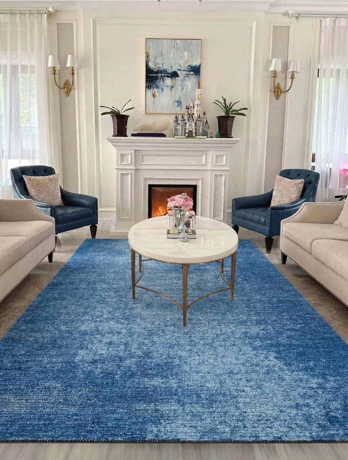 High-end Blue Vintage Wool Carpet Living Room Thick Parlor Area Floor Mat Simple Handmade Bedroom Rug Home Bedside Area Rugs