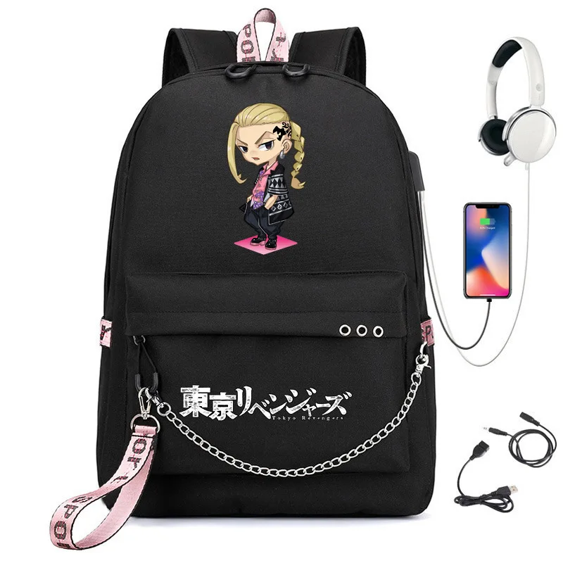 Anime Tokyo Revengers USB Backpack School Book Bags Travel Boys Girls Laptop Headphone USB Port Daily Mochila