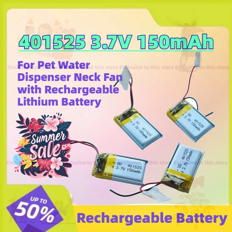 

In Stock 5-10PCS 401525 3.7V 150mAh Polymer Lithium Battery for Pet Water Dispenser Neck Fan with Rechargeable Lithium Battery