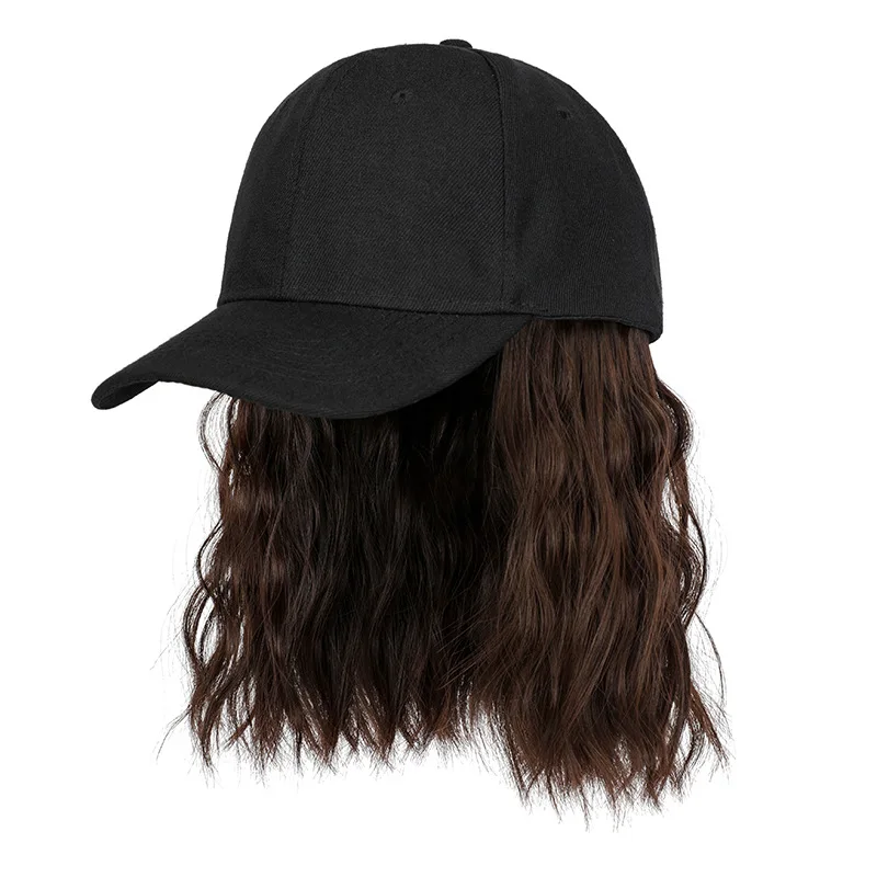 New Fashion Hat Hair Extensions Medium Long Ladies Curly Wigs Hats Connected Head Cover Synthetic Peaked Cap Wig For Women