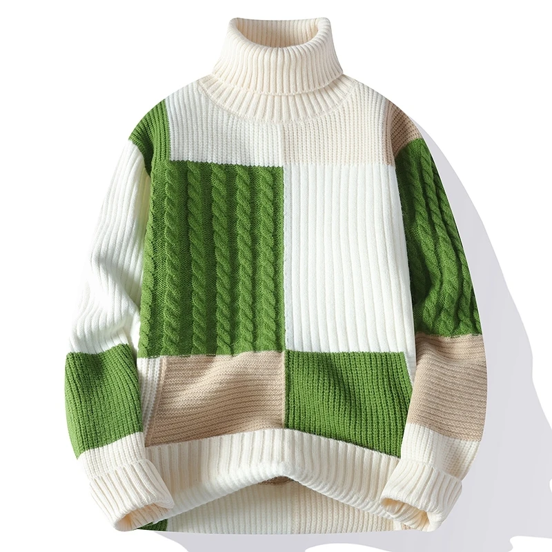 

Autumn Winter Fashion Turtleneck Sweater Men Youthful Vitality Patchwork Loose Knitted Pullovers Mens Casual Knitted Sweaters