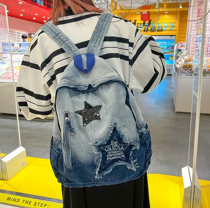 Aesthetic Trashy Y2K Grunge Denim Textile Backpack Vintage Teenager Fabric Harajuku Stylish Laptop School Badge Alt Backpack