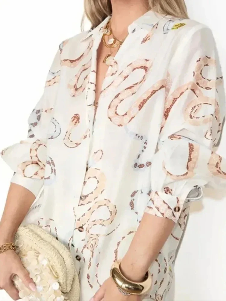 New Casual Long SleevedButton Up Collar Ladies Skirts Suits Loose V-neck Printed Top High Waist Half Skirt Summer Suit for Women