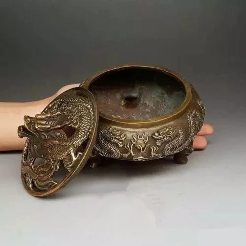 

Quemador de incienso hecho a mano, Bronce Antiguo, 5 dragones, tapa, incensario