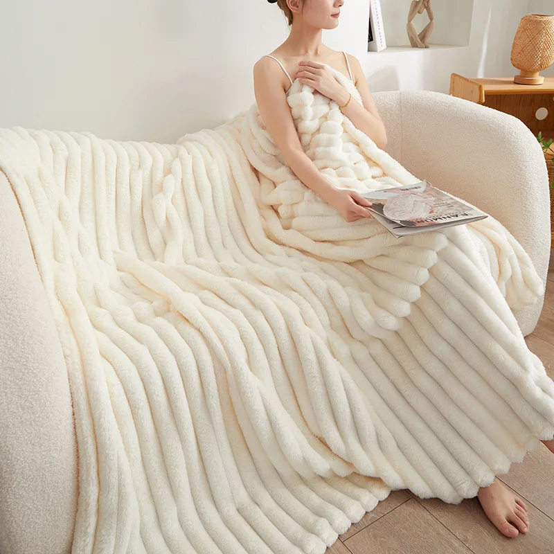 Thickened Milk Fluff Blanket Office Nap Leisure Blanket Solid Color Striped Imitation Rabbit Fleece Sofa Blanket Warm Blanket