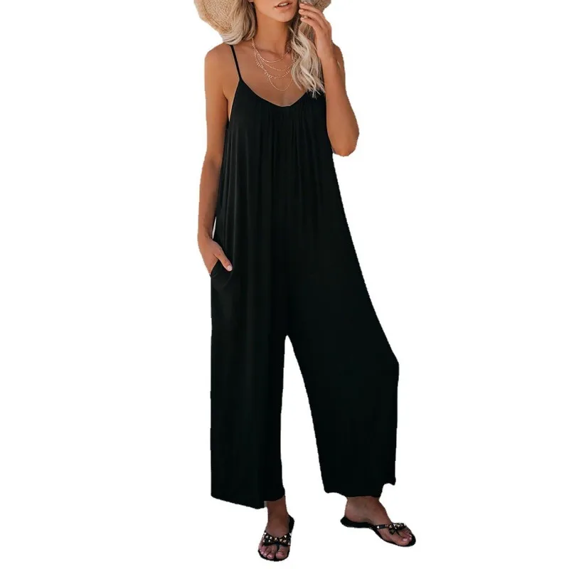 Summer Solid Slit Pocket Jumpsuit Women's Casual Elegant Romper
