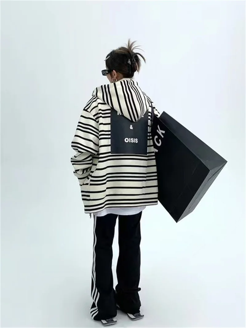 100% Pure Cotton Thickened Maillard Horizontal Stripe Hoodie Jacket Women's Casual Zebra Sports Coat Loose and Warm Top