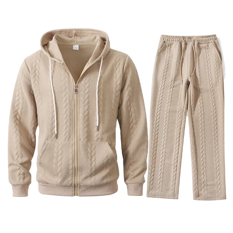 

New Men's Sweatshirt, European Style Jacquard Casual Top, Warm Hooded Open Front Set, Fall & Winter Loose Fit Solid Pattern